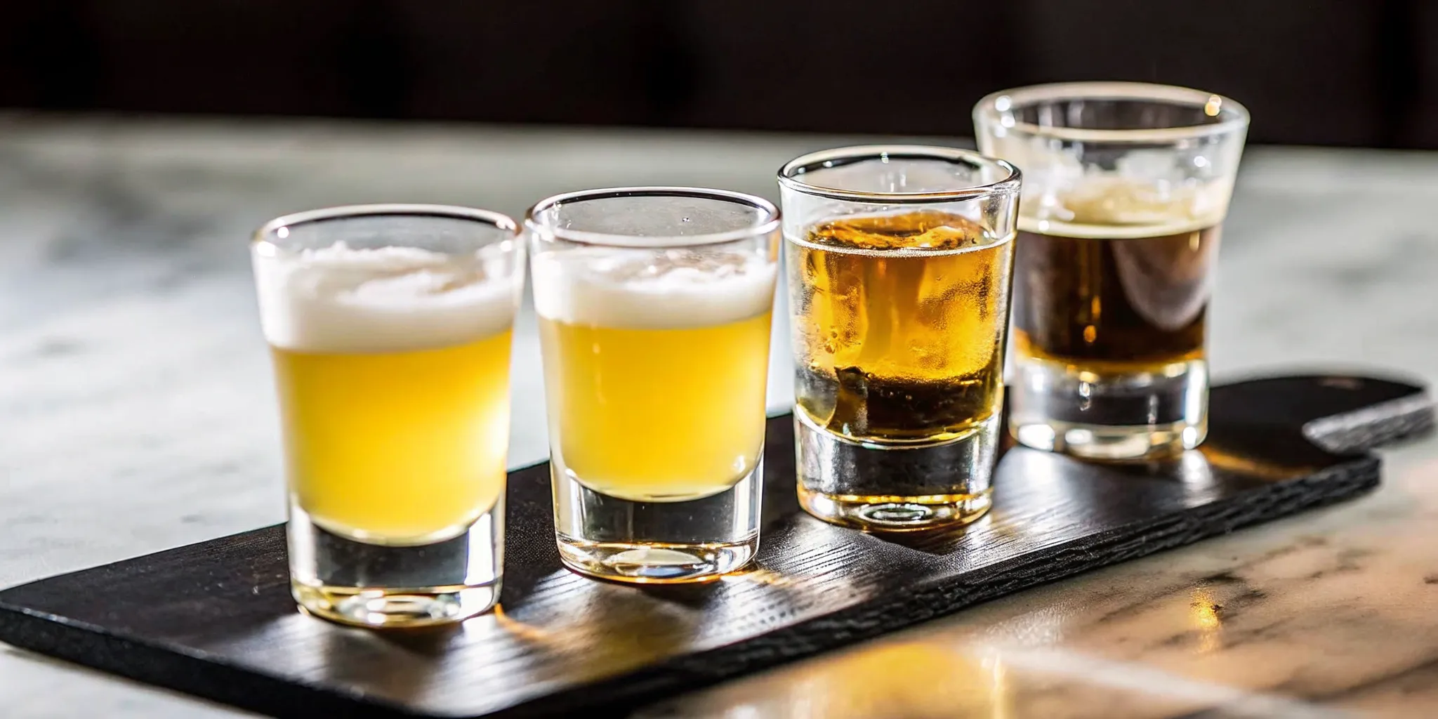 Tequila flight lineup with four glasses from blanco to extra anejo arranged on a wooden tasting board with tasting cards