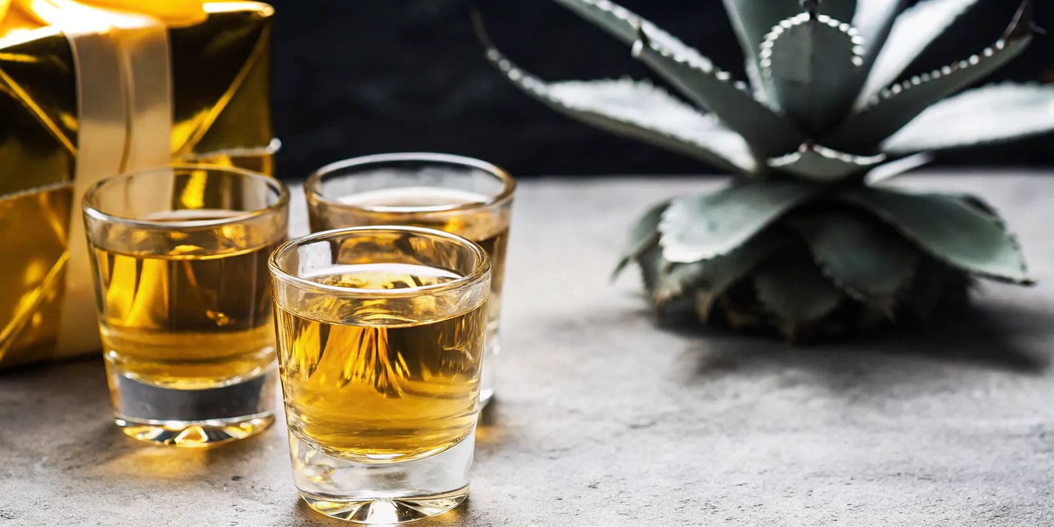 Premium tequila gift presentation with tasting glasses and agave