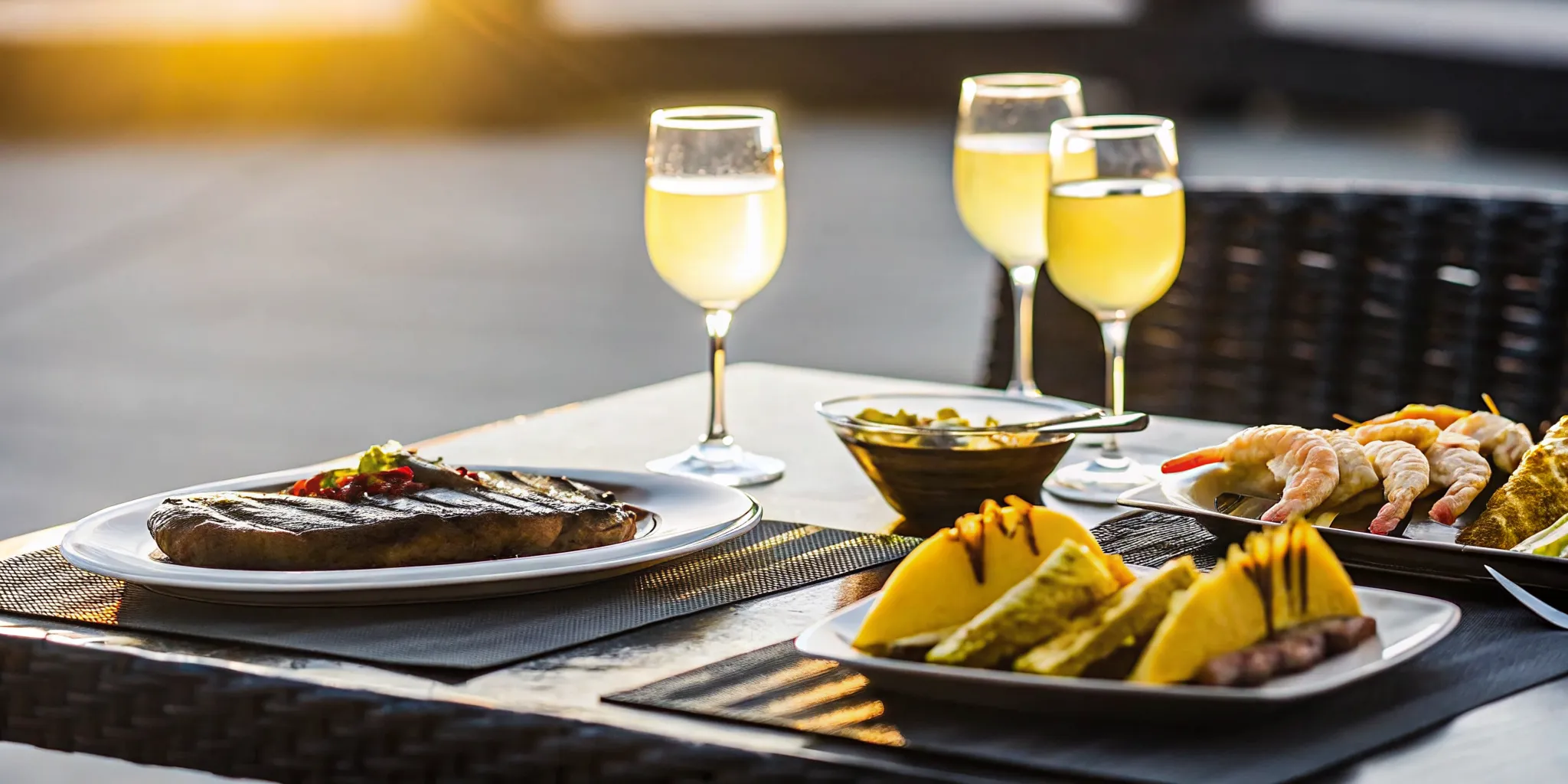 Outdoor dining setup with grilled steak and a flight of tequila tasting glasses