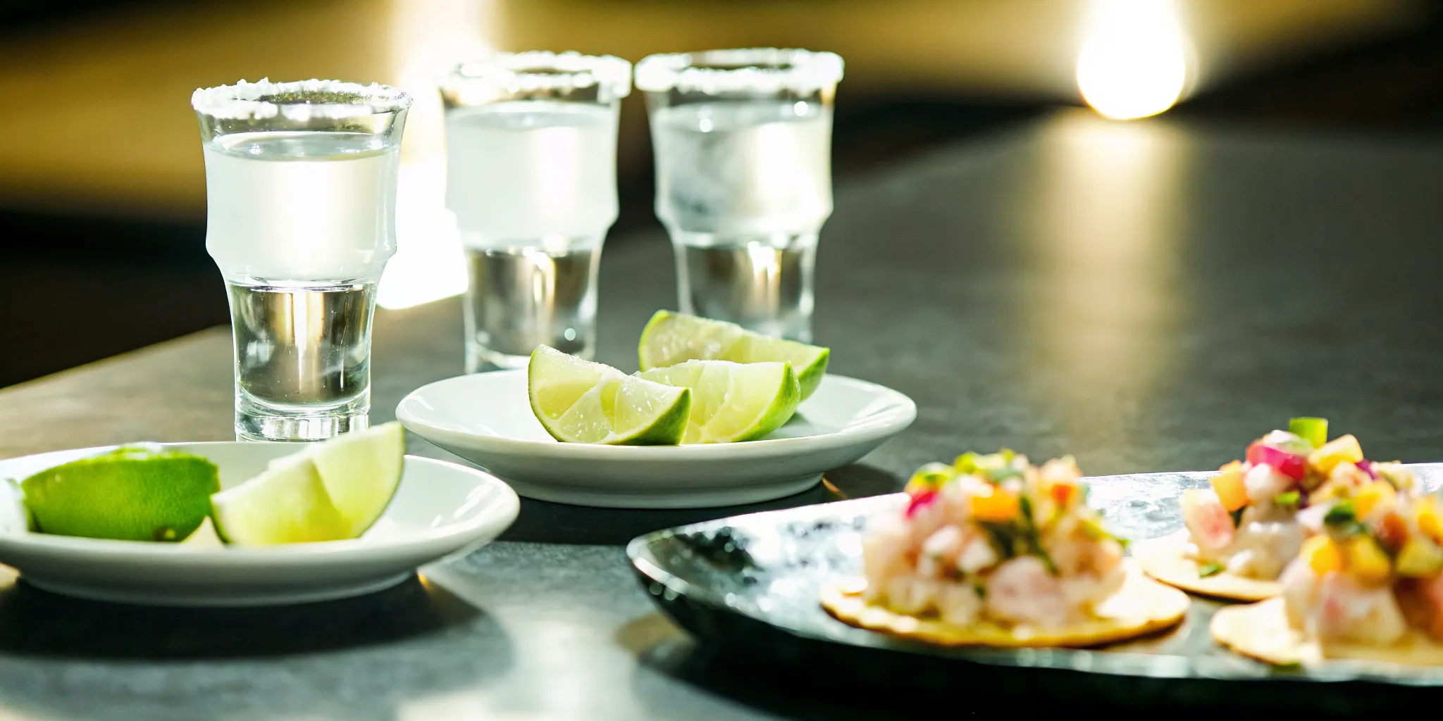 Elegant dinner table setting with ceviche, tacos, and tequila glasses arranged for a pairing experience