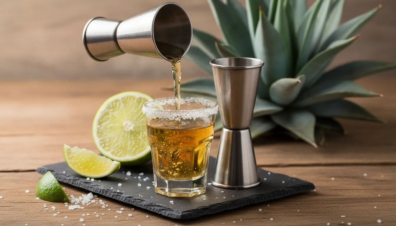 A measured pour of clear tequila in a tasting glass