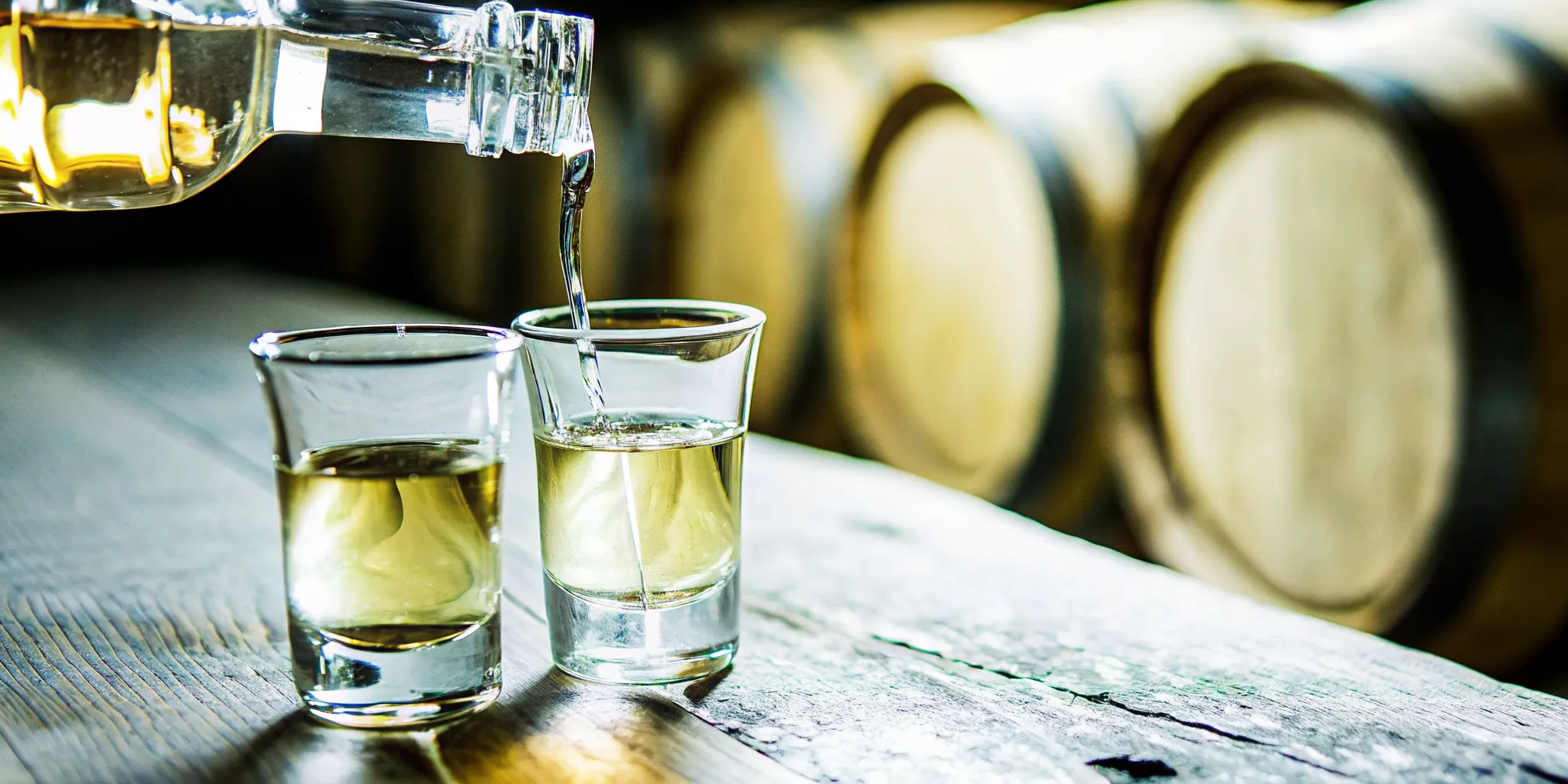 Blanco tequila poured into a tasting glass over a wooden bar