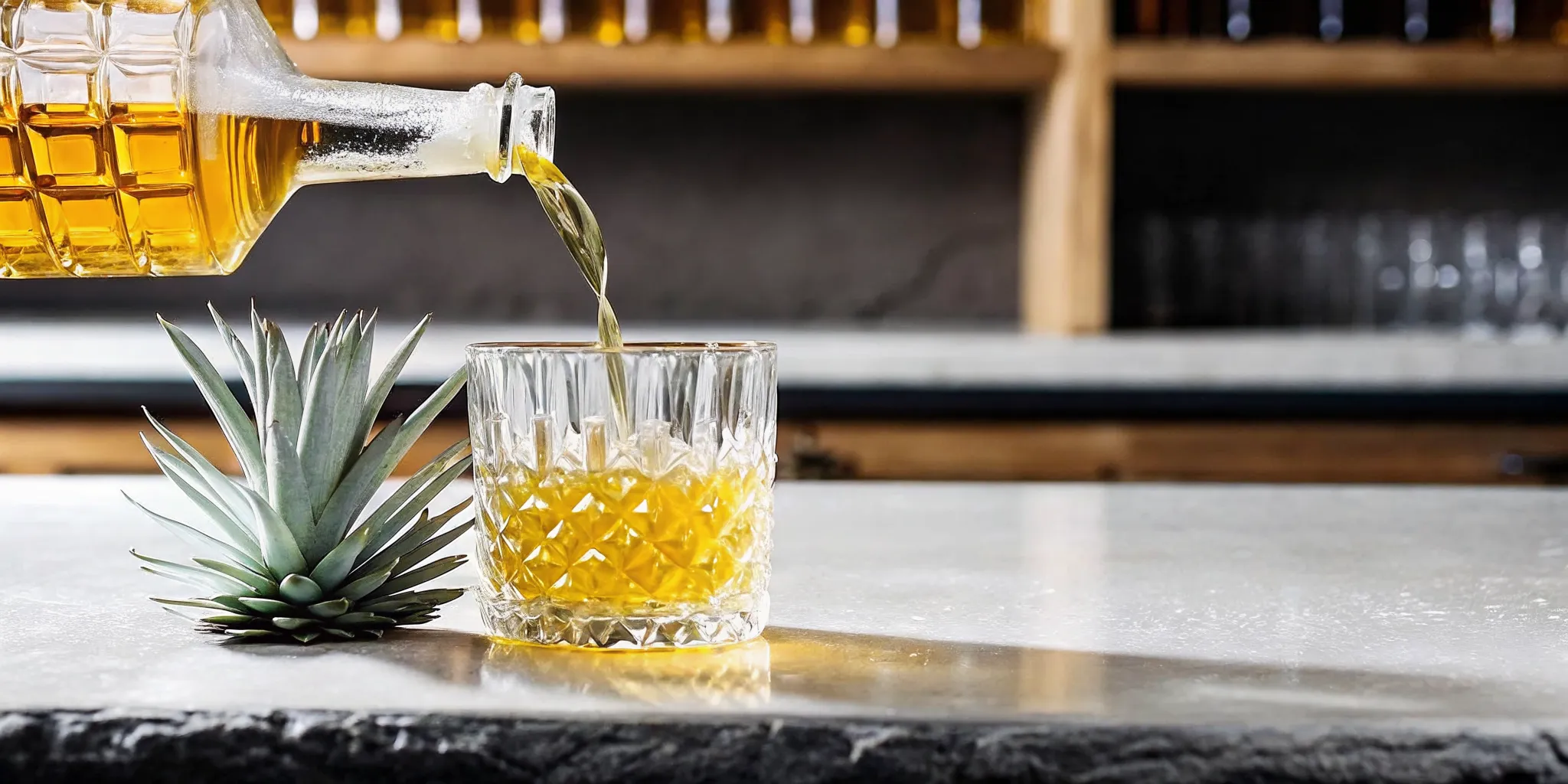 Bartender pouring amber tequila from a decanter into a glass on a rustic bar counter