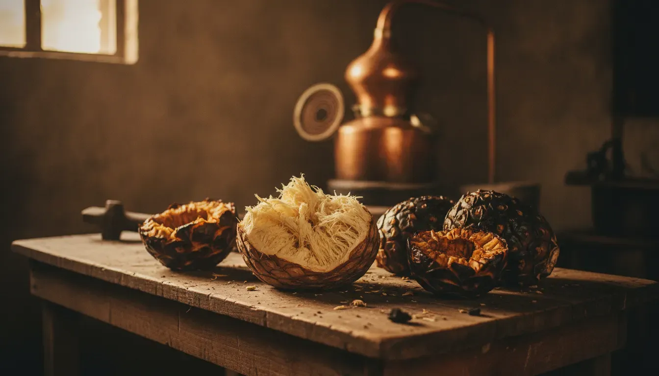Roasted sotol heart and agave hearts in a sotol vs mezcal production comparison