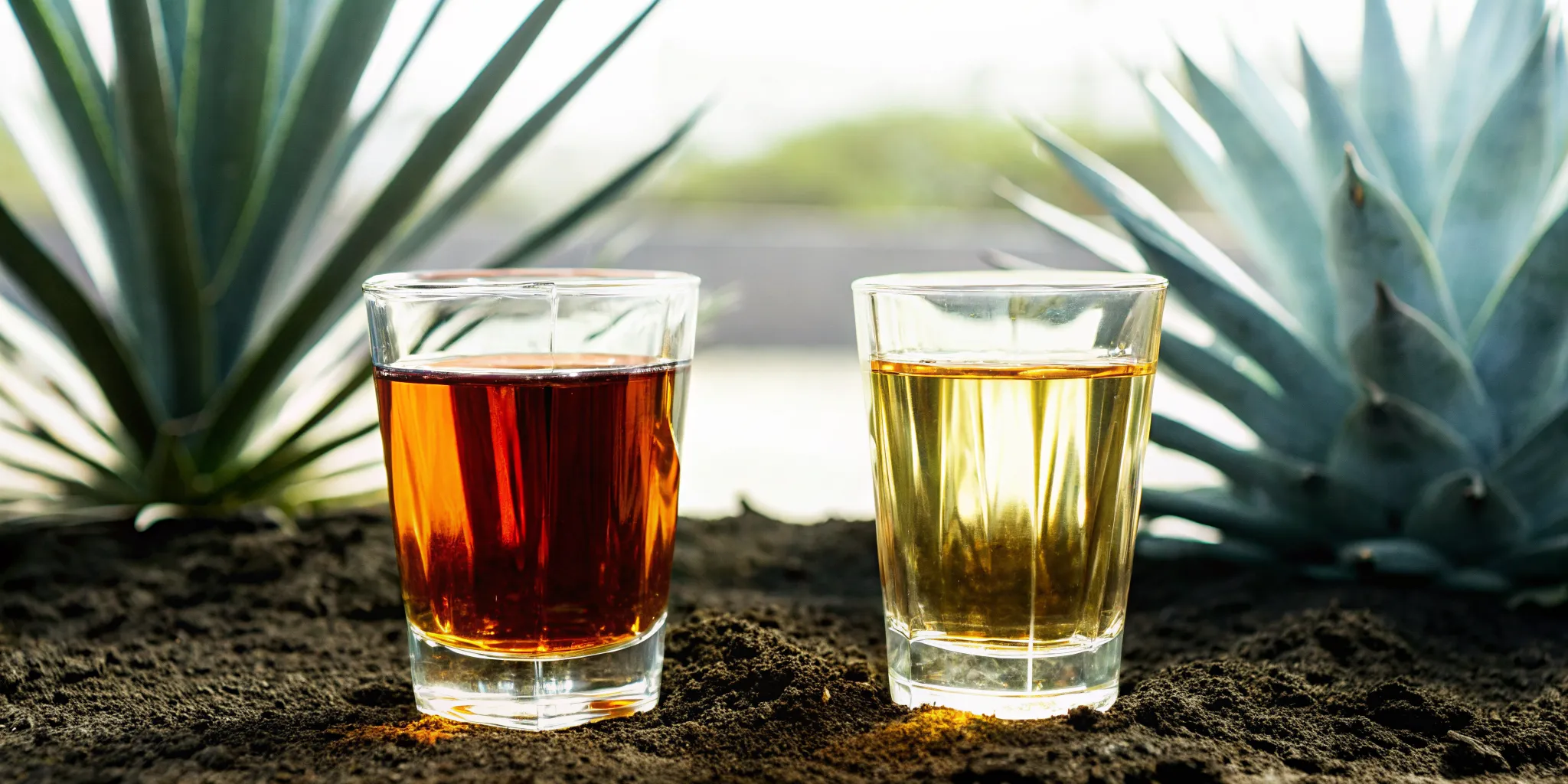 Highland vs lowland tequila tasting glasses beside red clay and volcanic soil