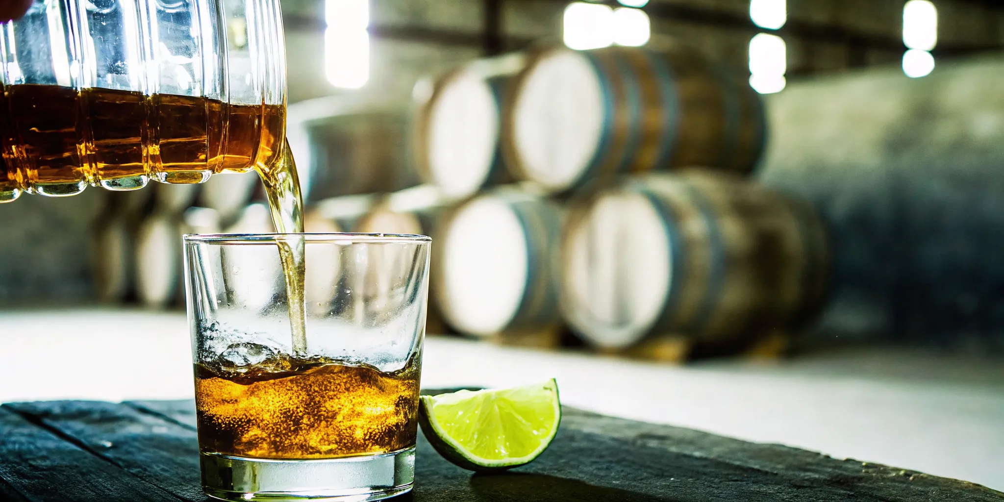 Amber reposado tequila being poured into a glass with oak barrels stacked in the background