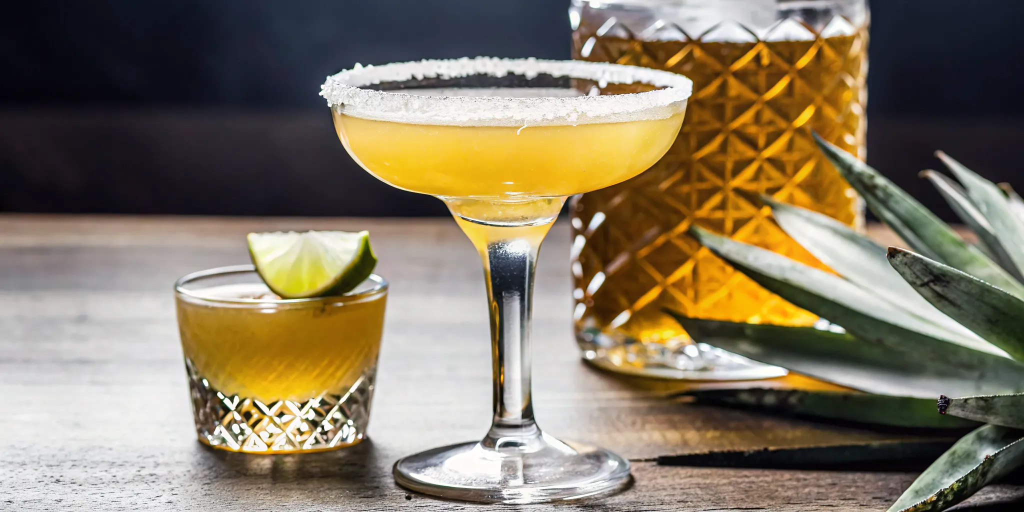 Reposado margarita and neat tasting pour on a wooden bar