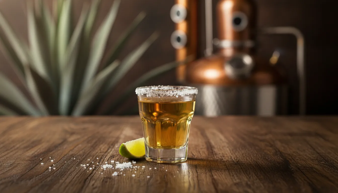 High-proof agave spirit in a tasting glass beside blue agave leaves