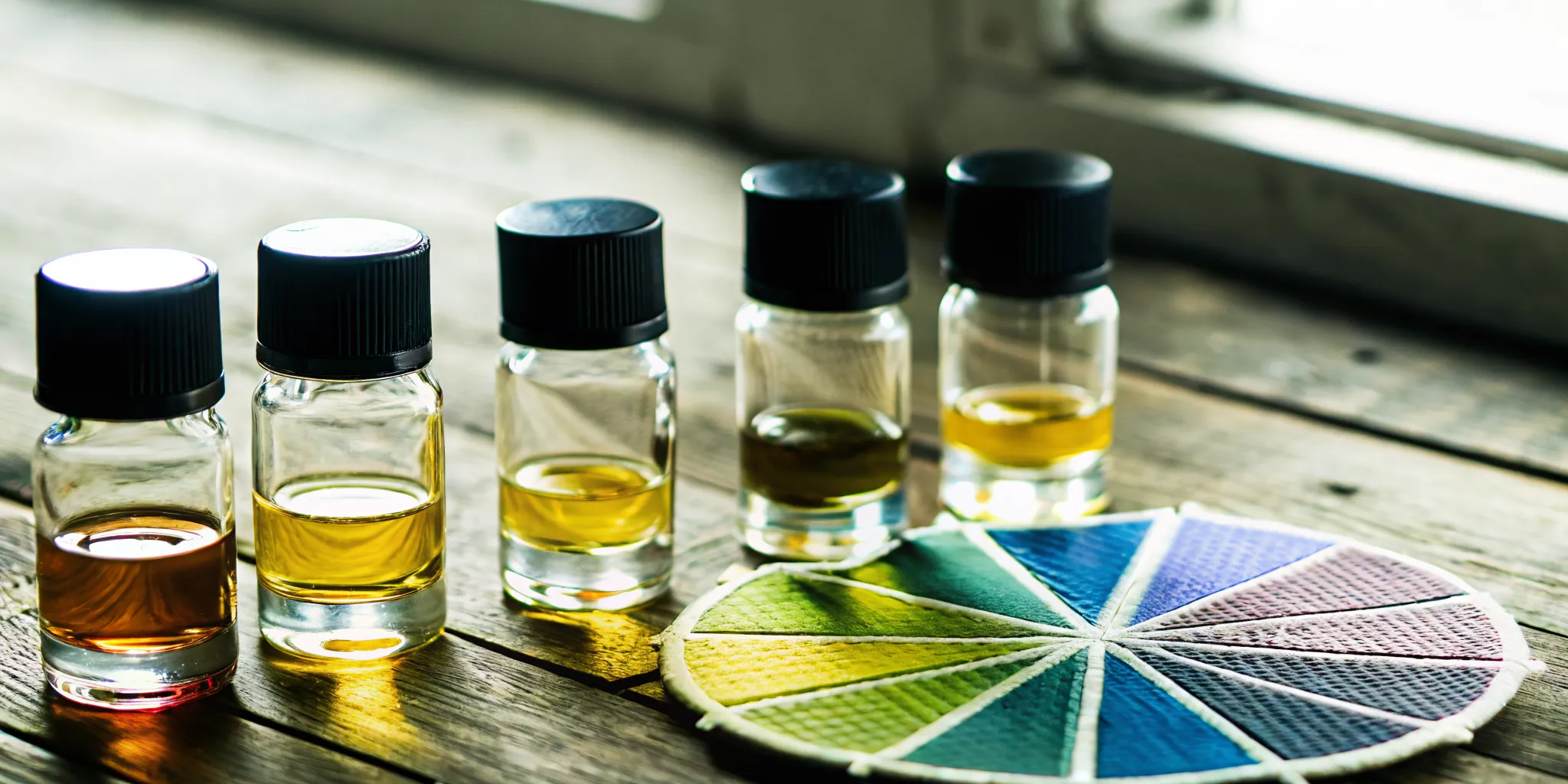 Tequila tasting kit with sample bottles, glasses, and flavor wheel on rustic wooden surface