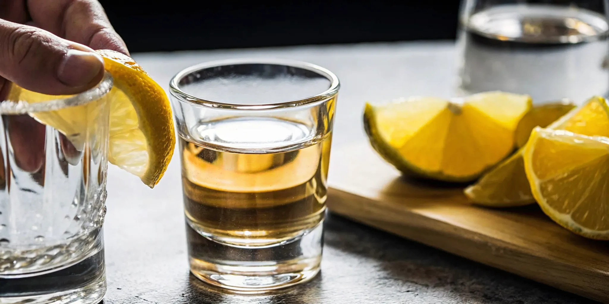 Crystal clear tequila in a tasting glass held by hand