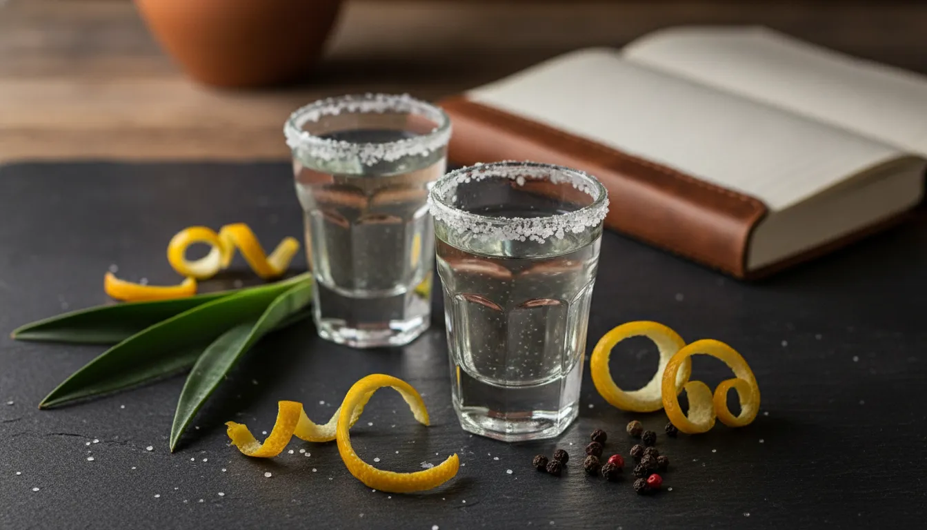 Two blanco tequila pours with citrus and peppercorns for a comparative tasting