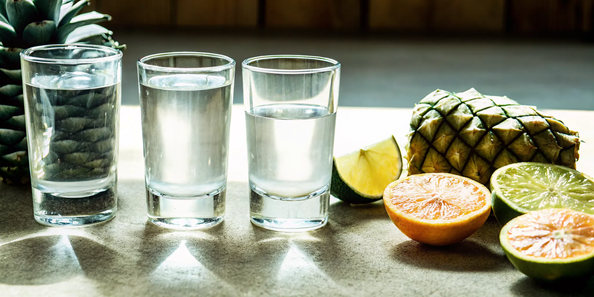 Tequila tasting flight setup with matching glasses and water