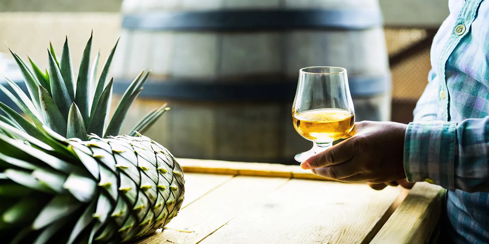Tasting glasses of tequila on a wooden table with agave decor