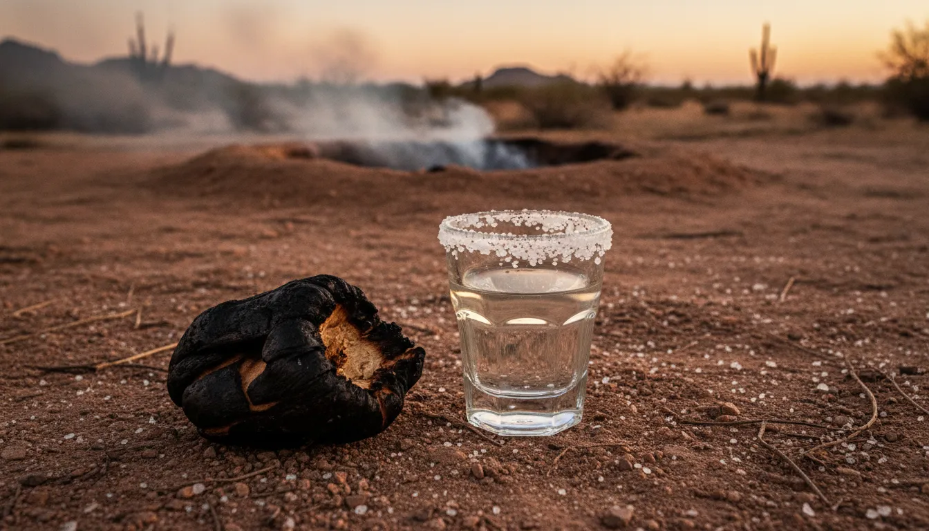 A glass of what is sotol spirit beside a roasted desert-spoon heart in Chihuahua