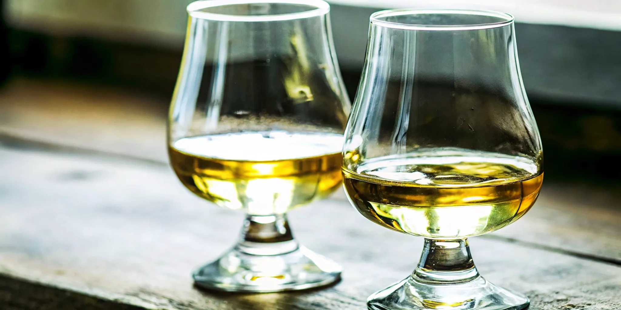 Two copita glasses of pale gold Joven tequila on a rustic wooden bar with warm lighting