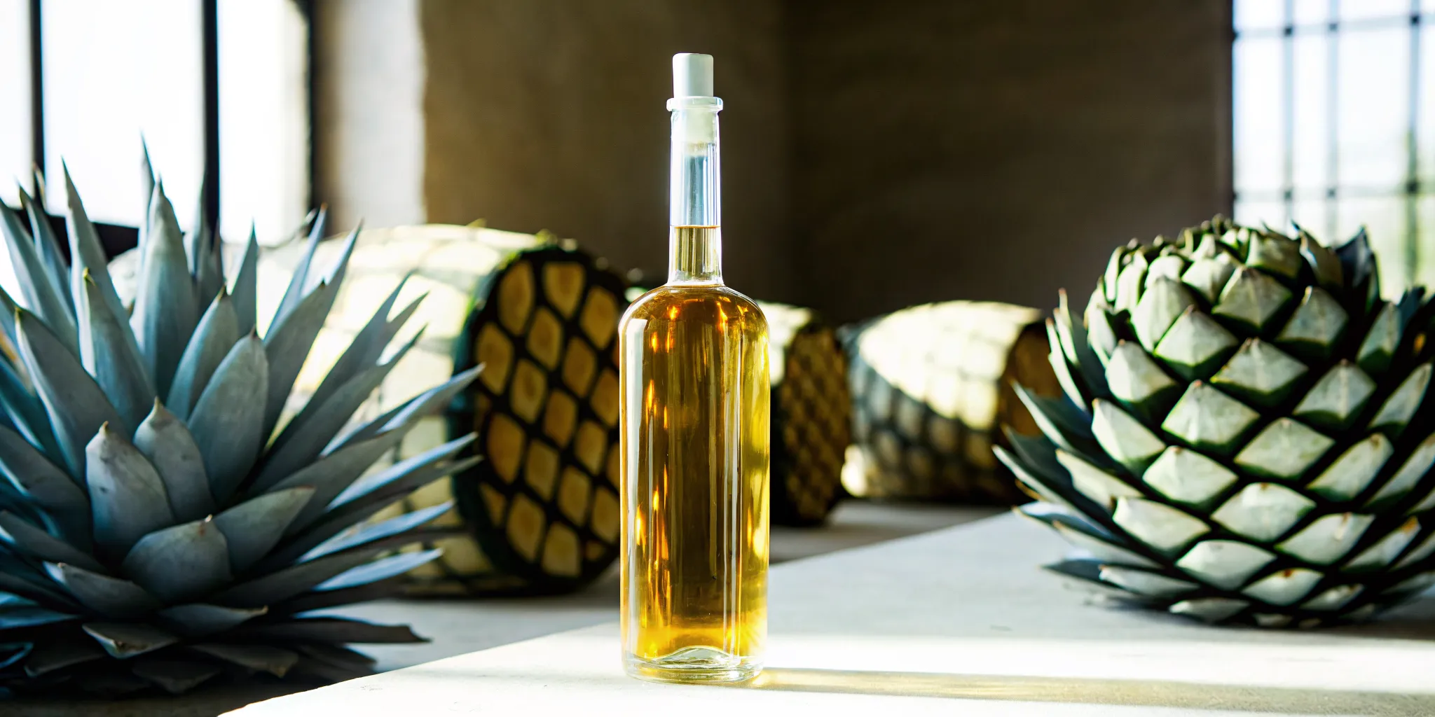 A premium craft bottle of Joven tequila resting on a white stone counter inside an agave distillery