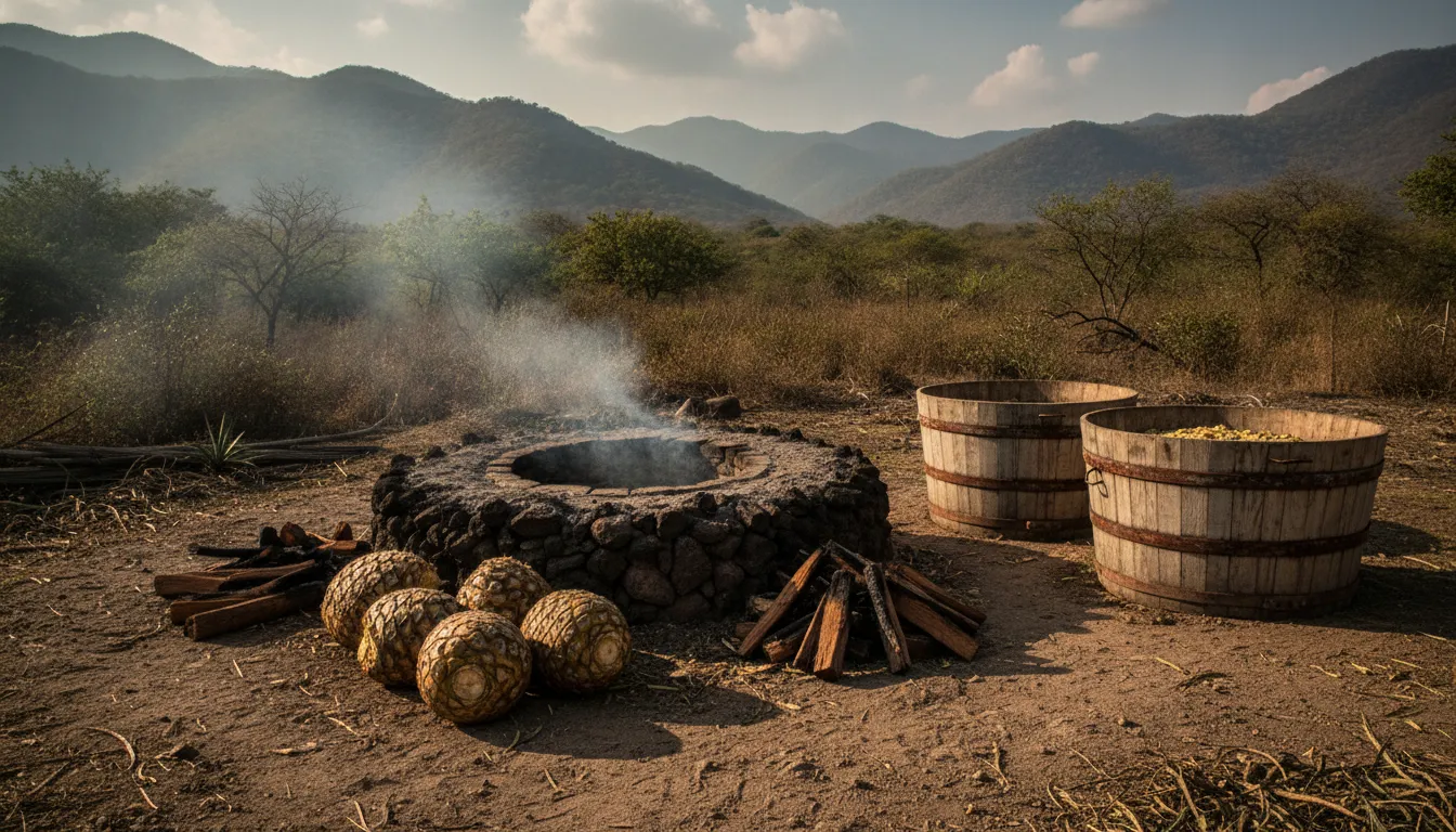 Traditional mezcal production scene with agave pinas beside a stone-lined earth oven