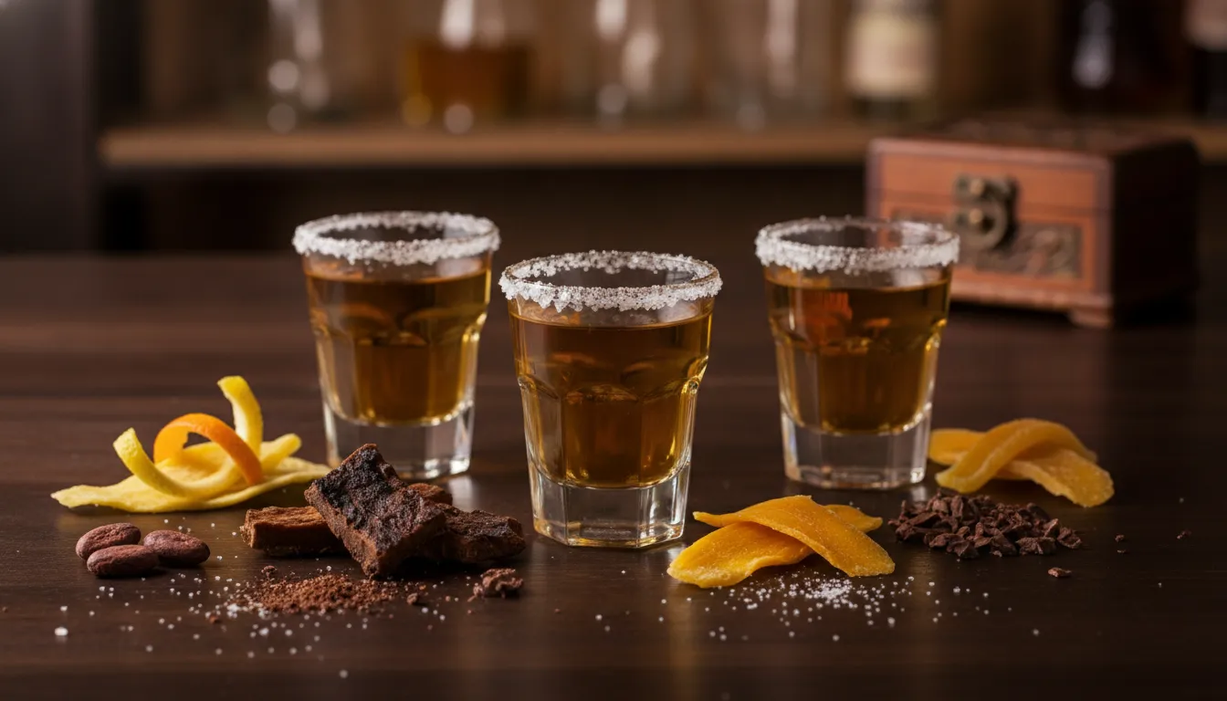 Three mezcal tasting glasses with citrus, roasted agave, cacao, and tropical fruit