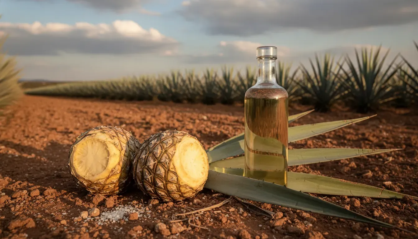 Blue Weber agave and tequila bottle representing organic agave farming