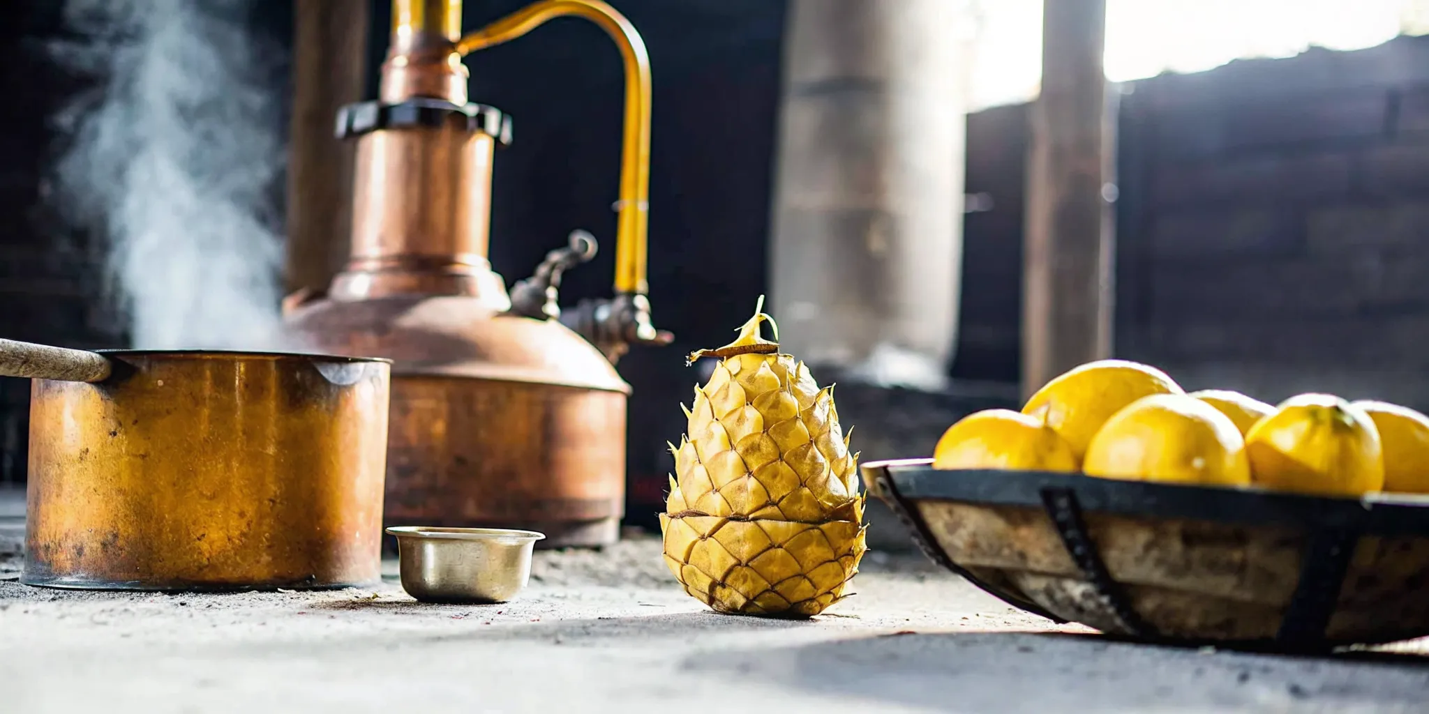 Pechuga mezcal production with fruit, spices, agave, and a traditional still