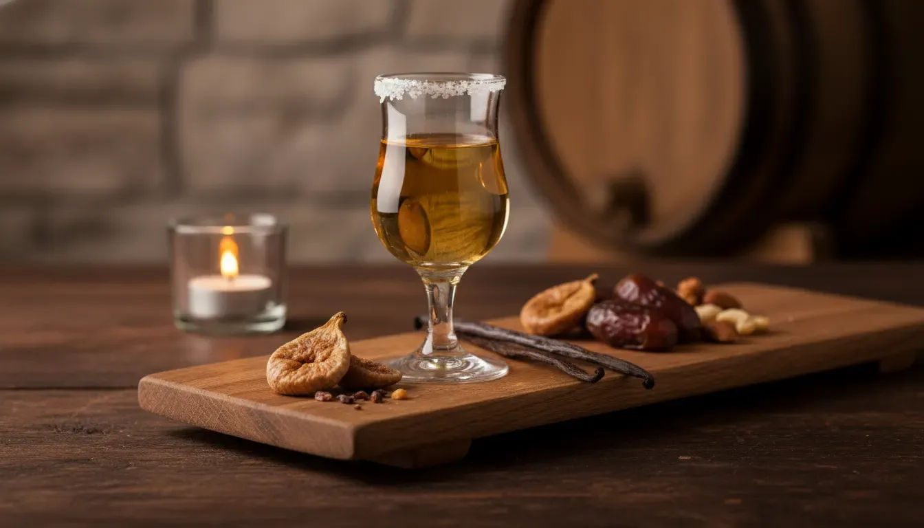 Reposado tequila tasting glass with oak and dried fruit