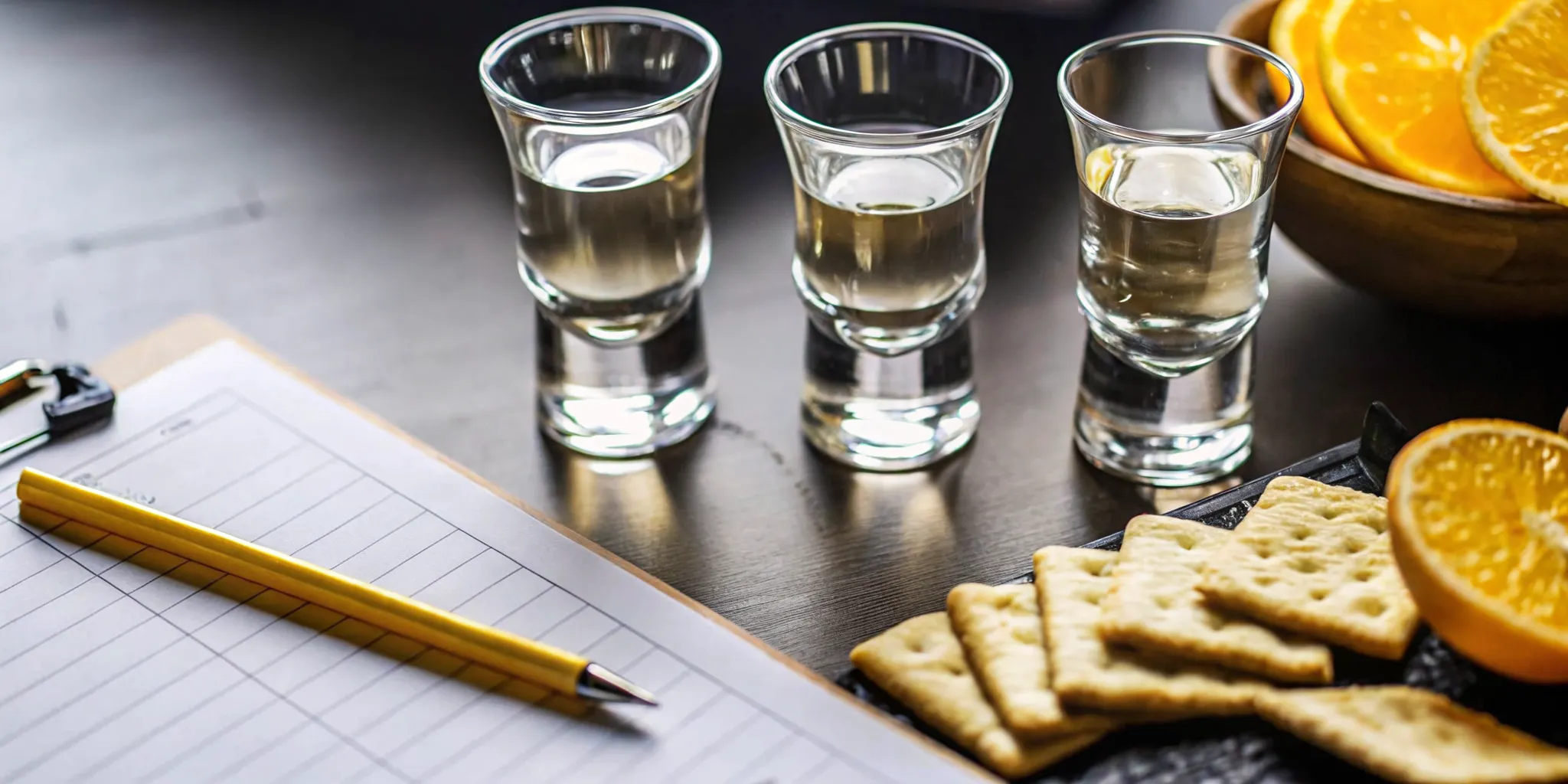 Overhead tequila tasting at home setup with tasting glasses, water, and palate cleansers