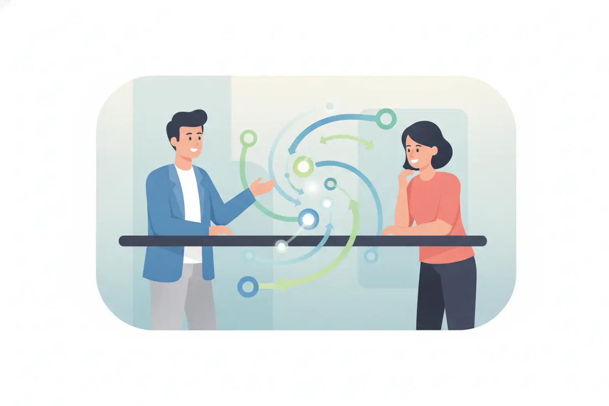 Illustration of a business finance team communicating updated remittance details to a B2B customer