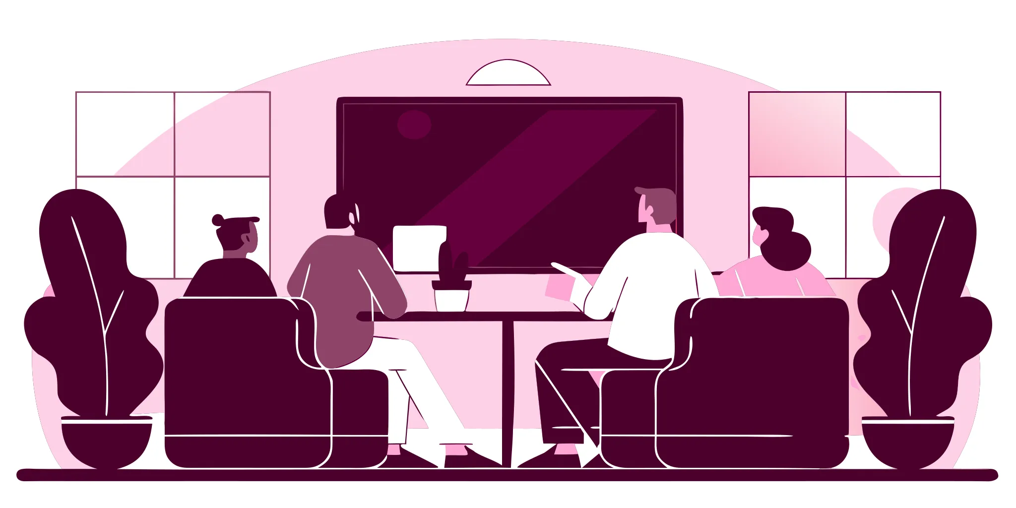 Consulting team reviewing a project timeline in a glass-walled meeting room