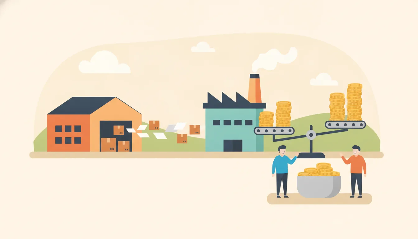 Comparing supply chain financing options for manufacturers shown with invoices, coins and a factory