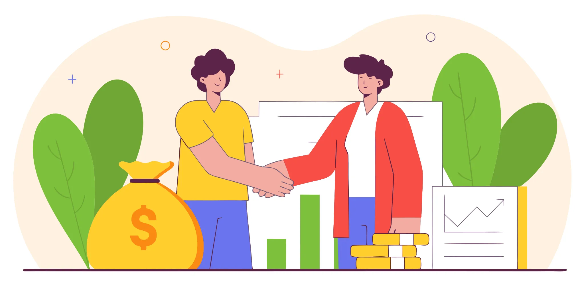 A clean flat vector illustration showing a B2B business owner shaking hands with a financing specialist, representing invoice funding and cash flow acceleration