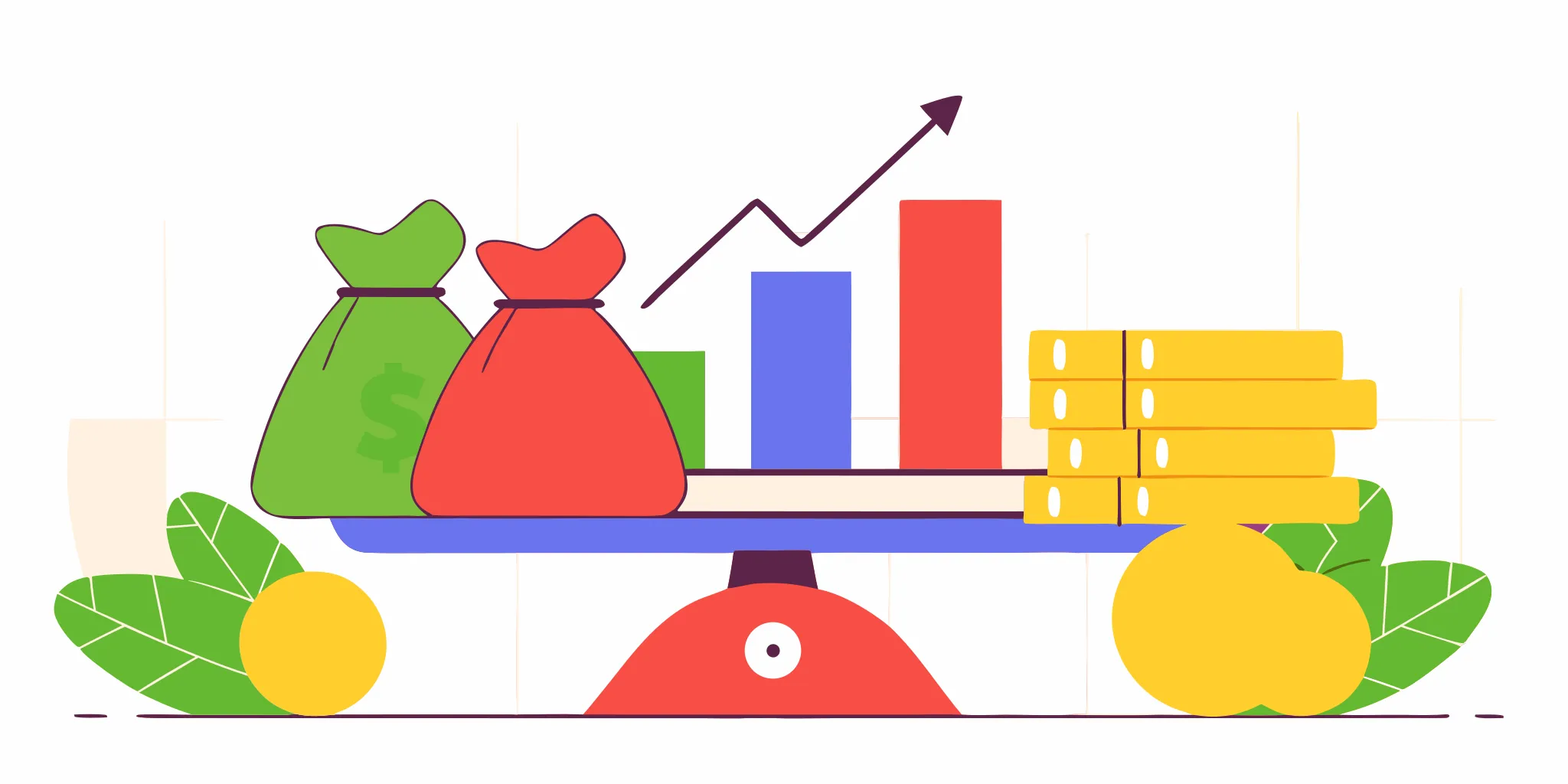 A clean flat vector illustration showing a business balance sheet with scales balancing money bags and cash, representing financial stability and off-balance sheet flat-fee financing