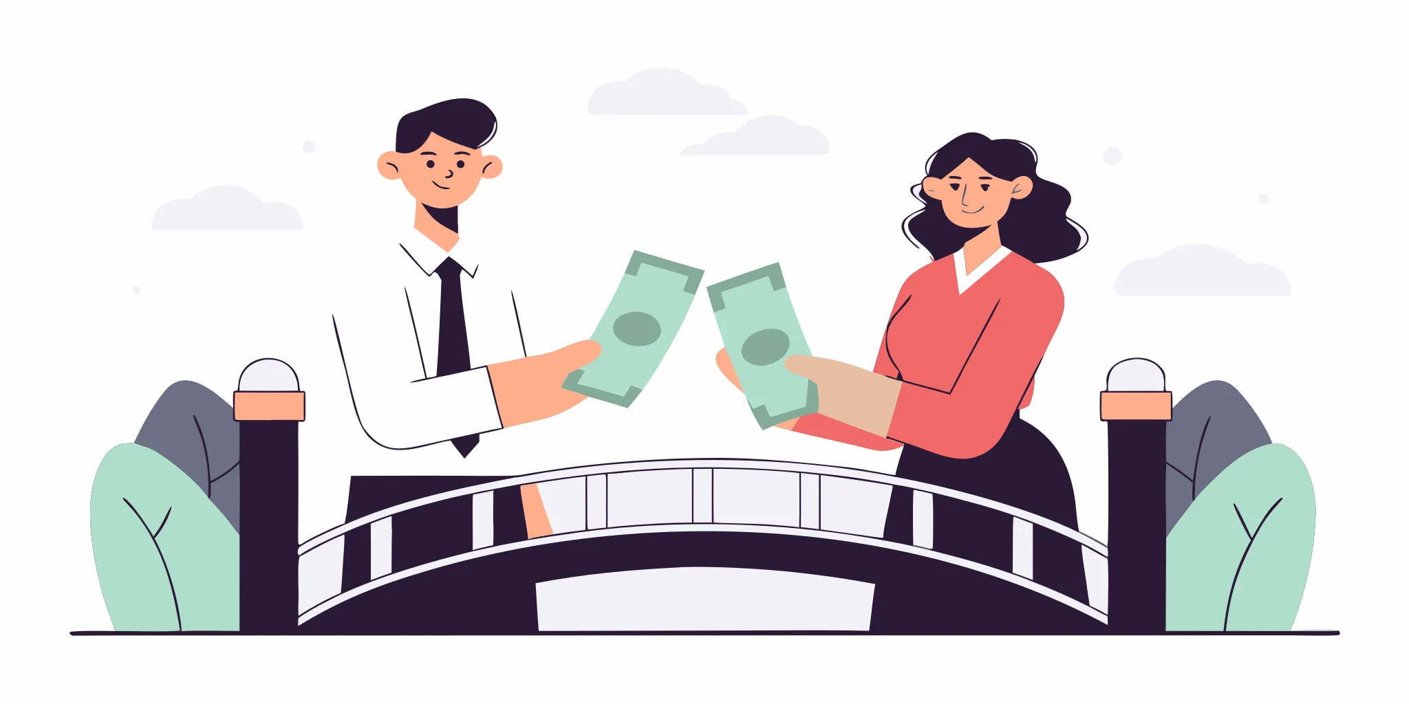 An illustration showing invoices converting to cash through a bridge representing fast working capital