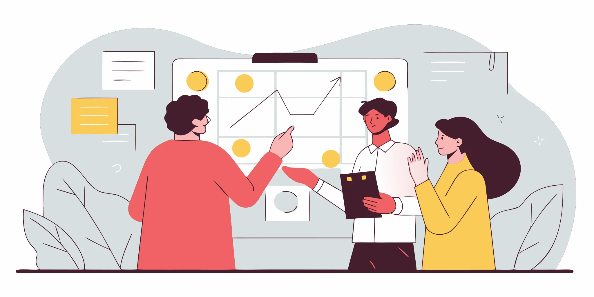 A marketing agency team at a whiteboard discussing cash flow strategy and growth planning