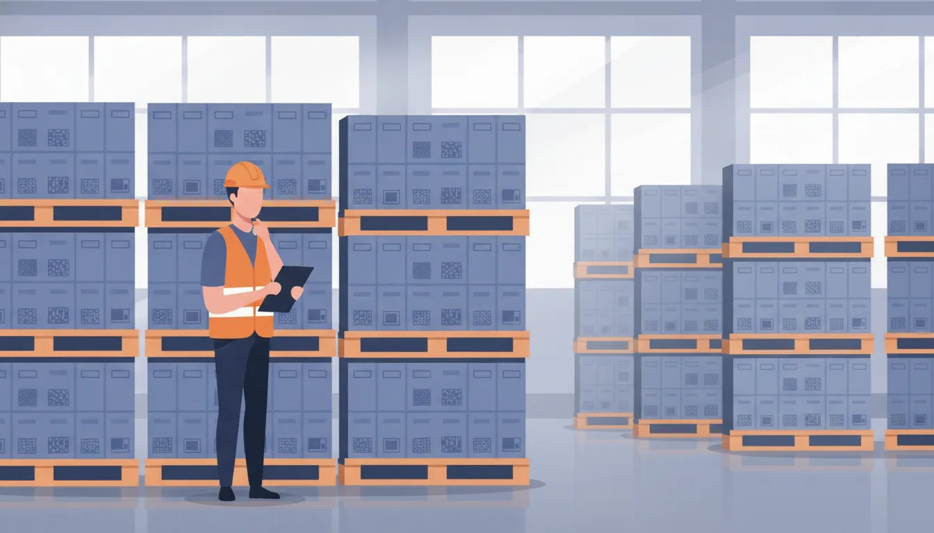 Finished-goods pallets staged in a manufacturing warehouse, awaiting shipment