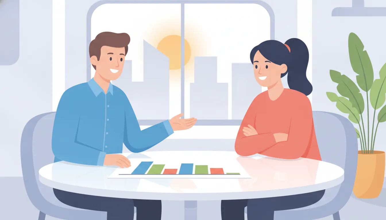 Two consultants reviewing a project timeline together at a bright office table