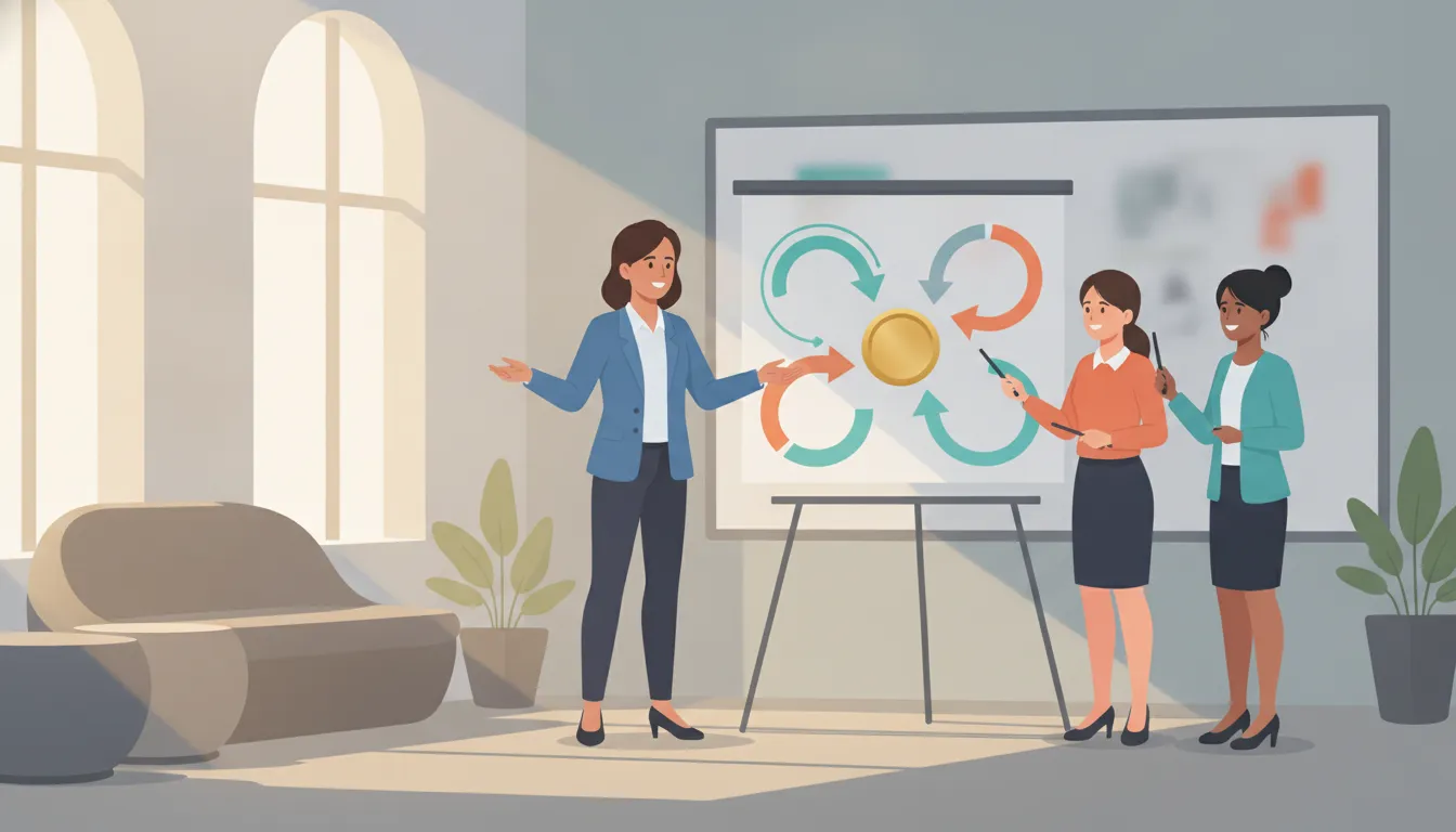 Consultant presenting a cash flow plan to a small team in a modern workspace