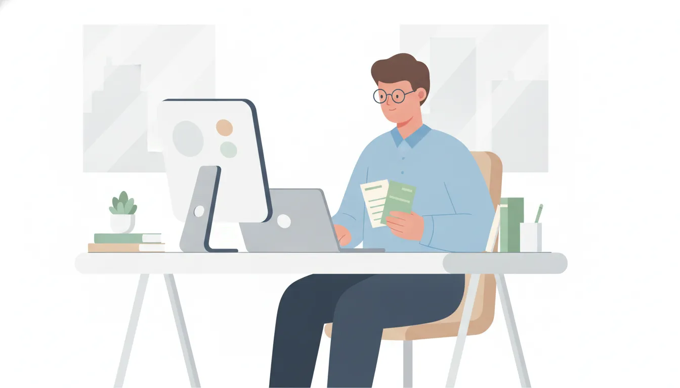 A finance manager reviewing invoices at a clean modern desk