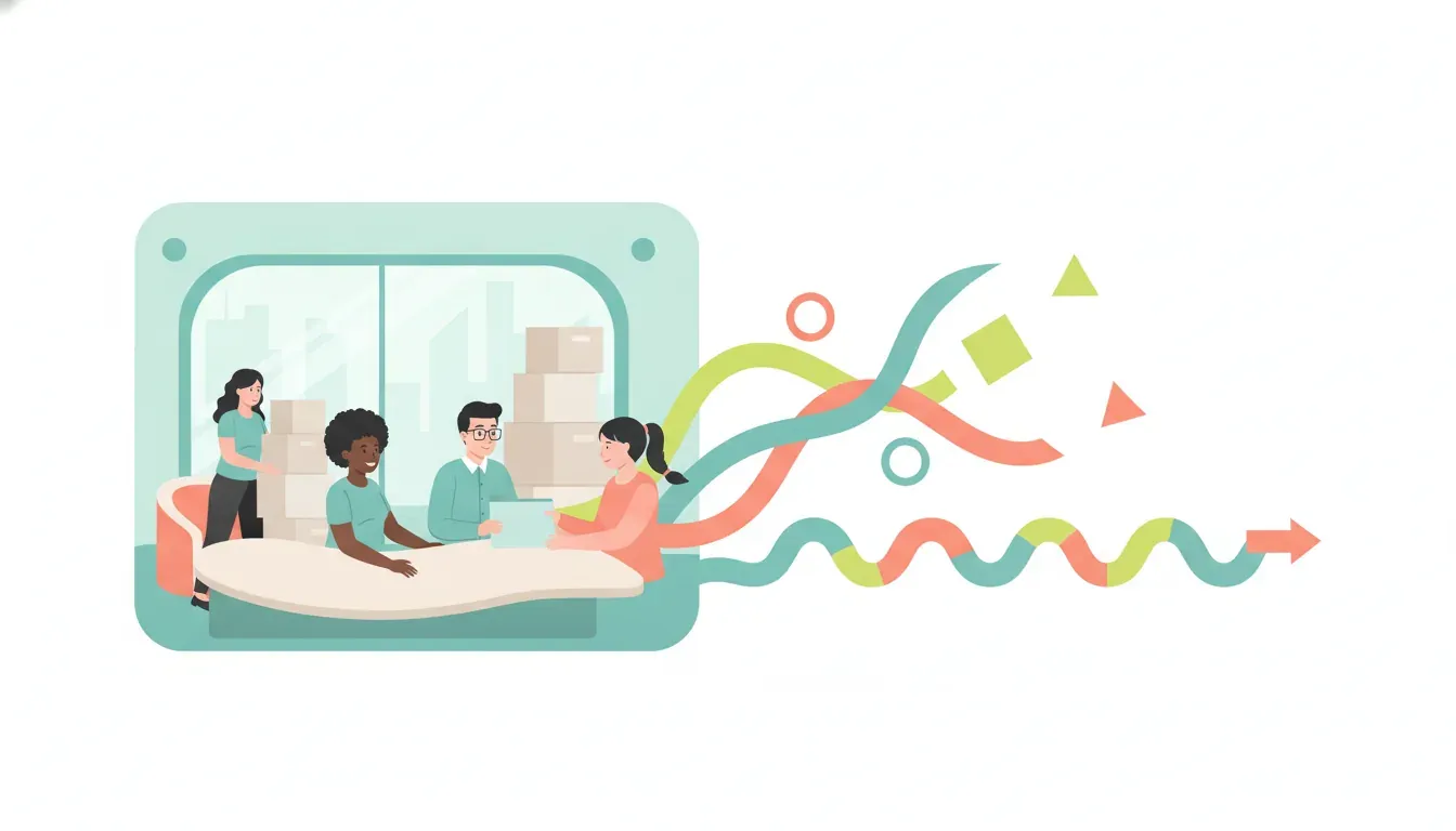B2B team coordinating completed work, invoice timing and operating expenses through an abstract flow