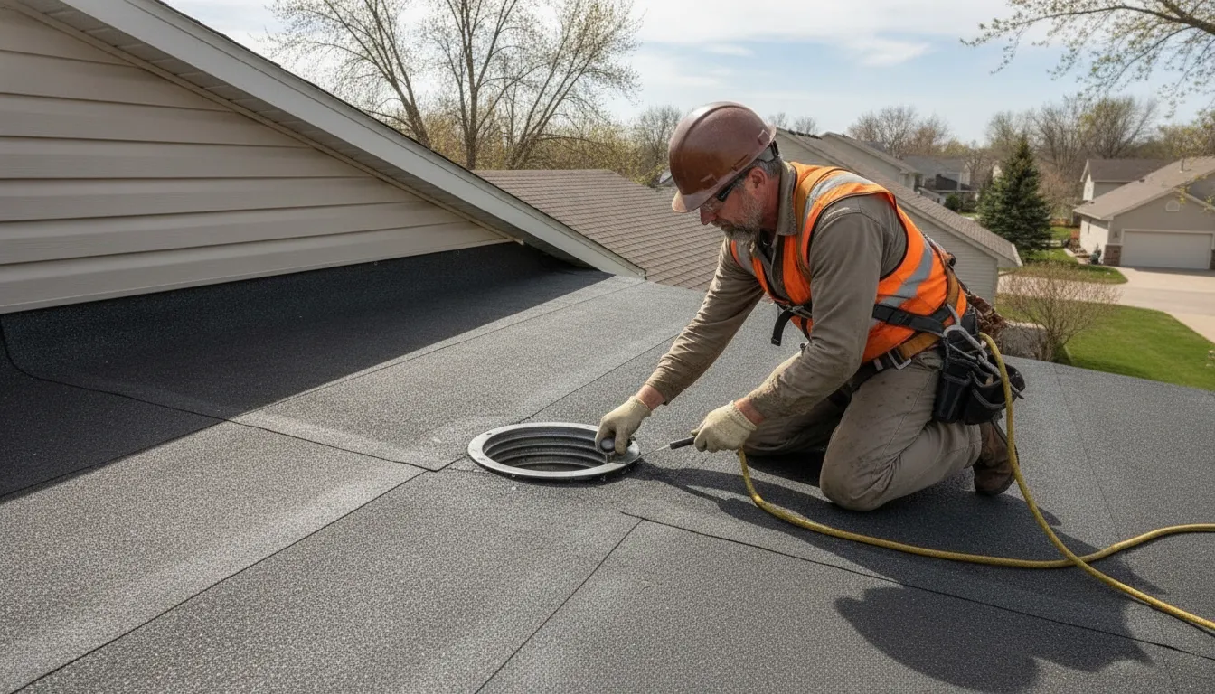 Roofer checking drainage on a Minnesota low-slope roof