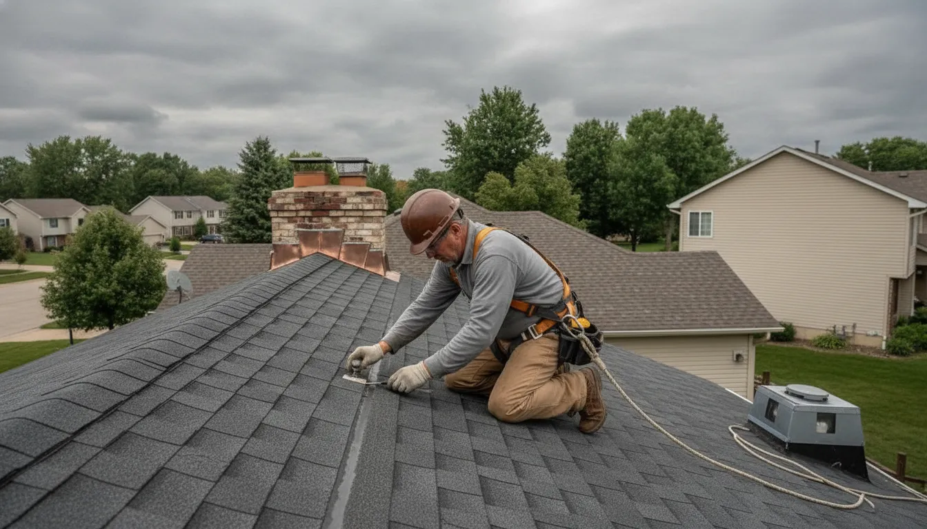 Professional inspecting a membrane seam during flat roof repair