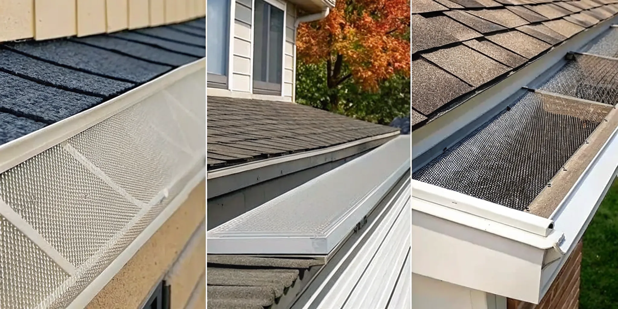 Close-up comparison of four gutter guard types installed on a Minnesota home gutter system