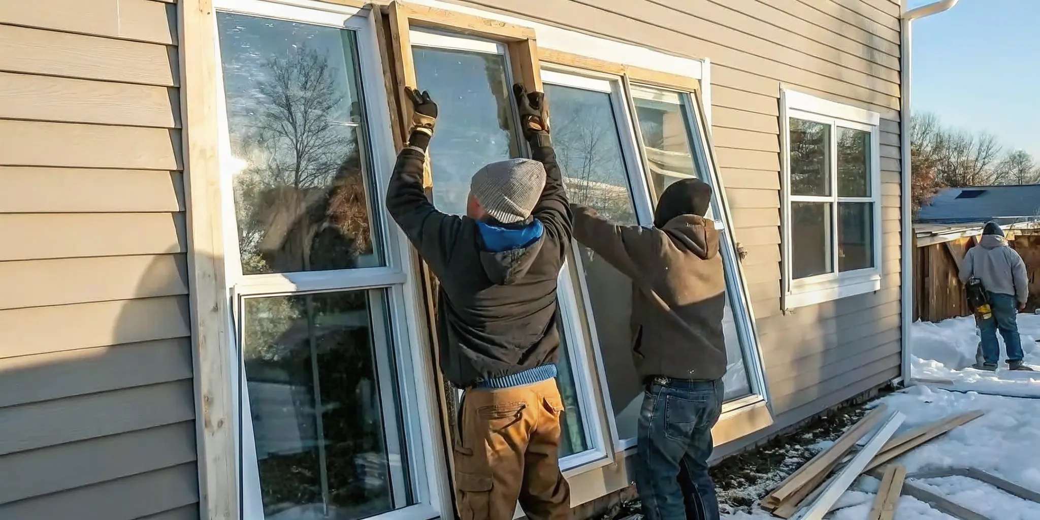 Energy-efficient replacement windows being installed in a Minnesota home with professional weather sealing