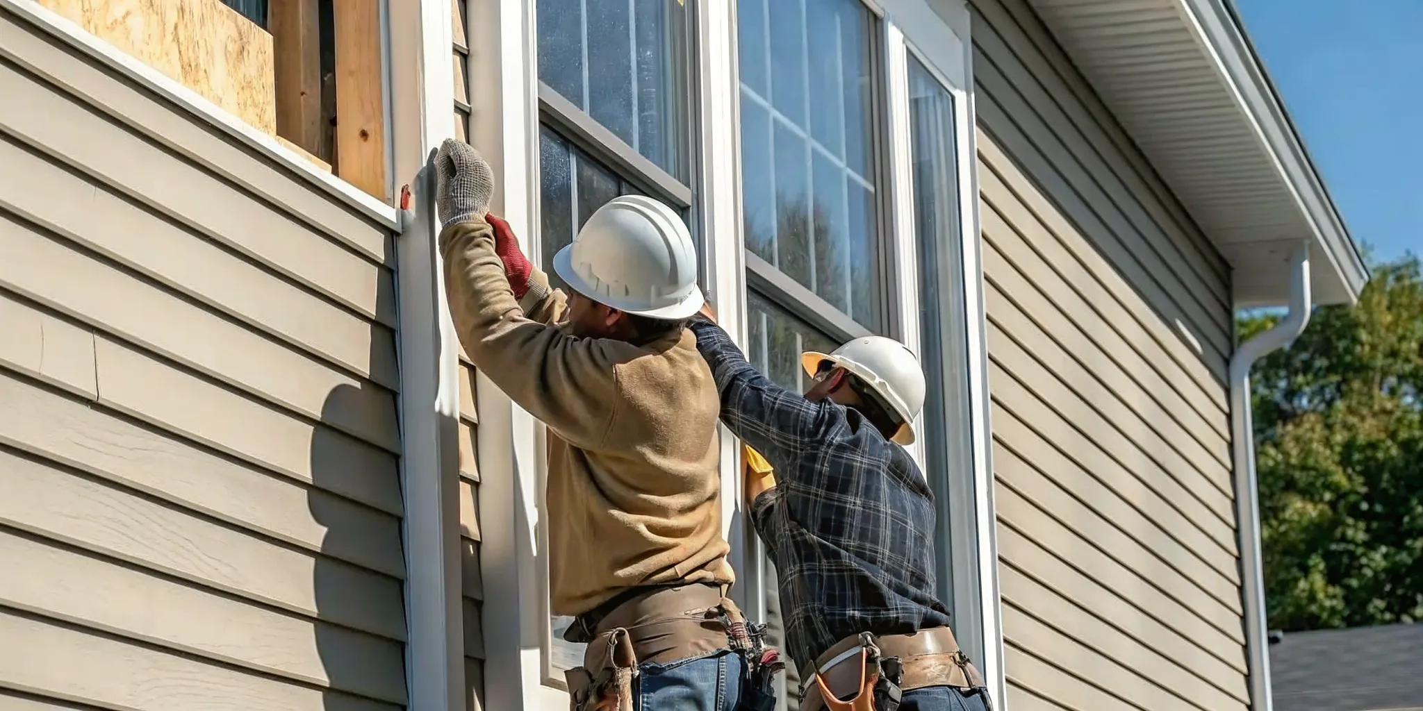 Professional contractor installing LP SmartSide engineered wood siding on a Minnesota home exterior with warm lap siding panels