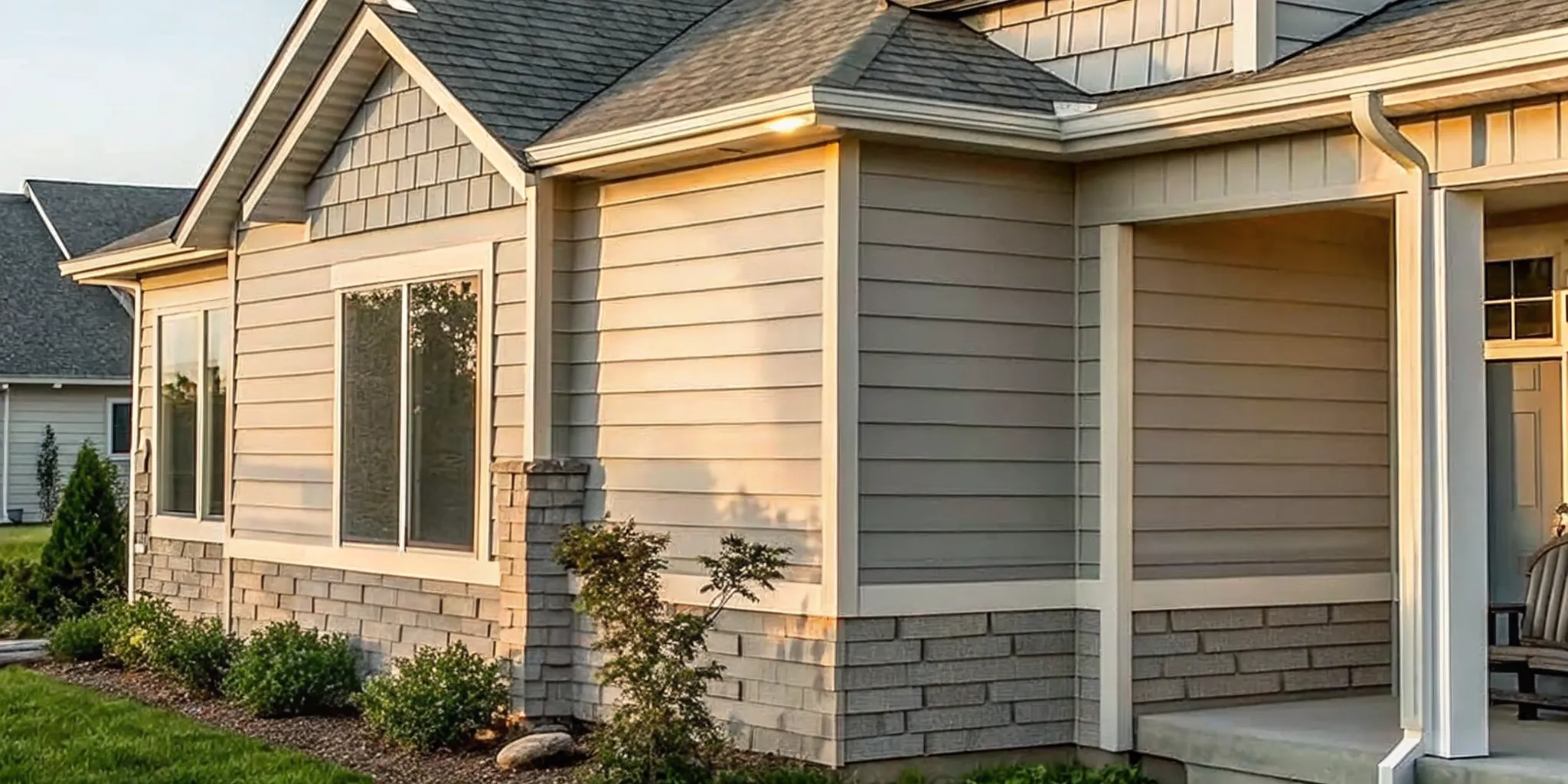 Beautiful Minnesota home with LP SmartSide engineered wood lap siding in warm gray tones, manicured lawn, curb appeal