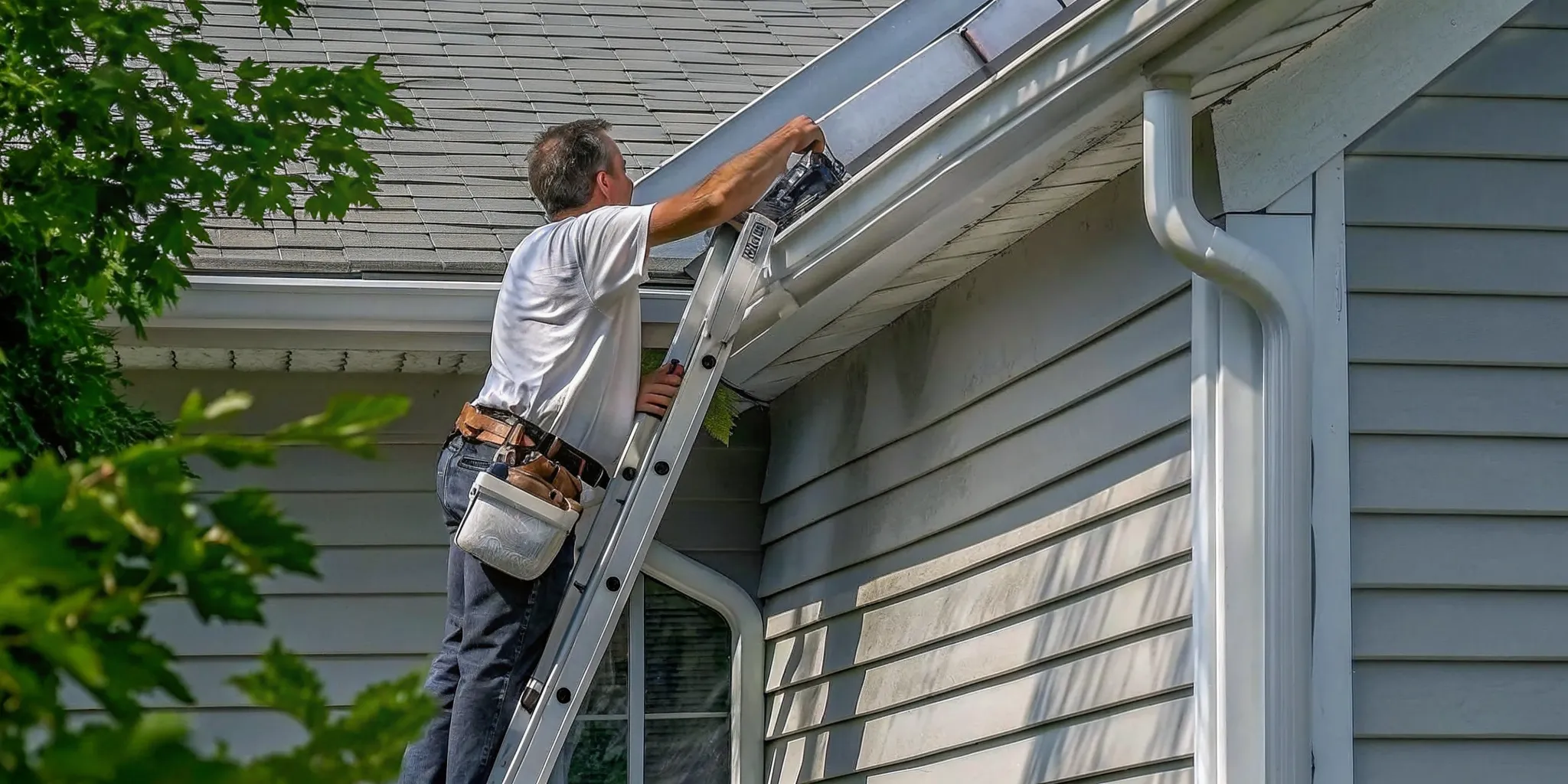Contractor applying gutter sealant to a leaking gutter seam on a Minnesota home