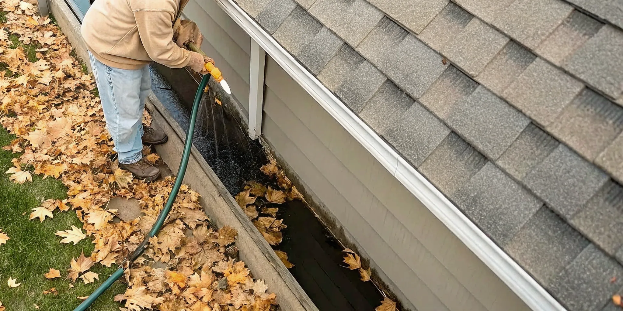 Homeowner using a garden hose to flush autumn leaves out of a rain gutter, showing water flowing through clean downspout