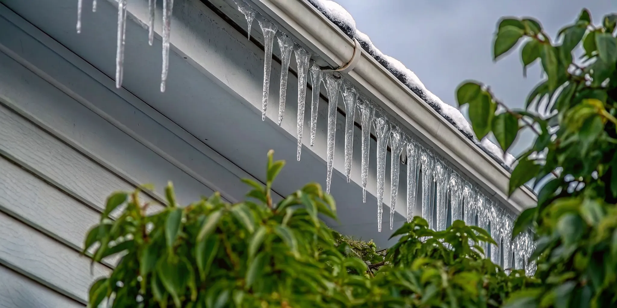 Winter scene of Minnesota house roof edge with snow accumulation and small icicles on gutters, overcast sky