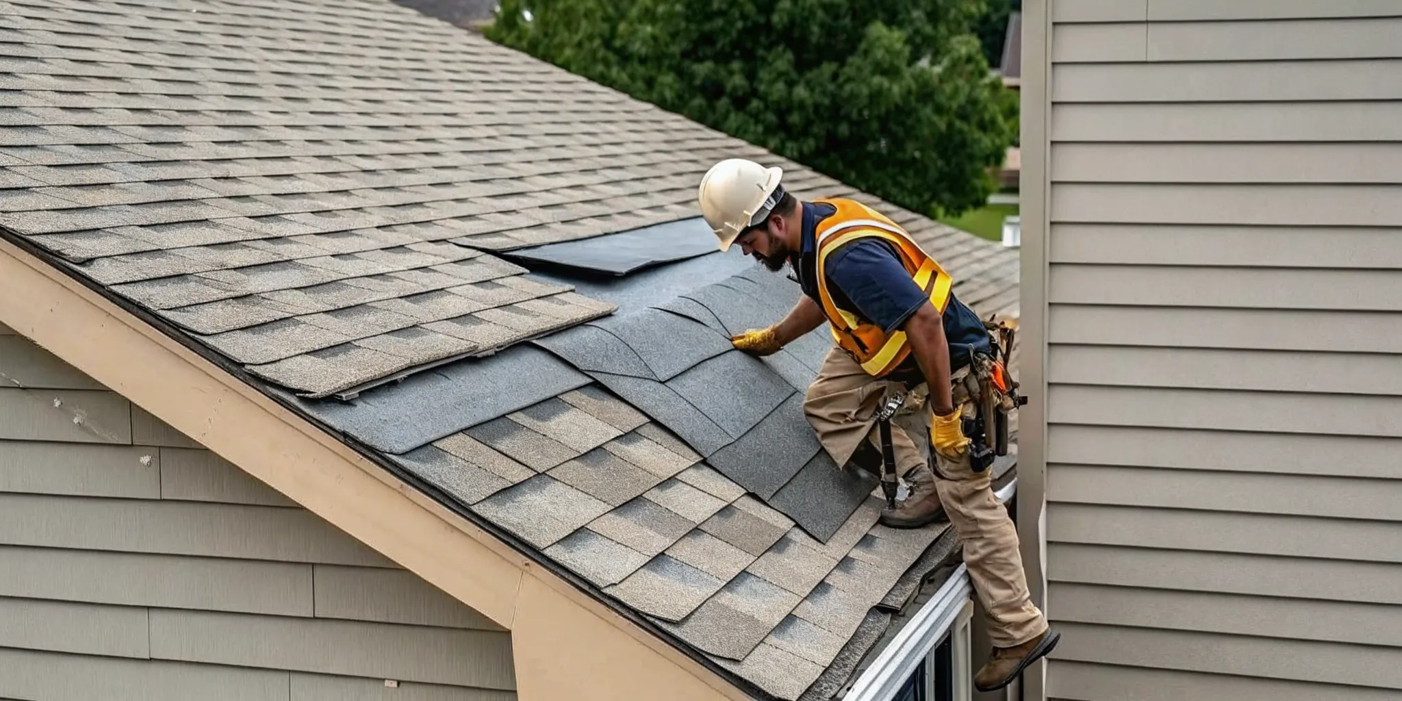 A professional roofer inspecting storm damage on a residential roof in Rogers Minnesota before emergency roof tarping