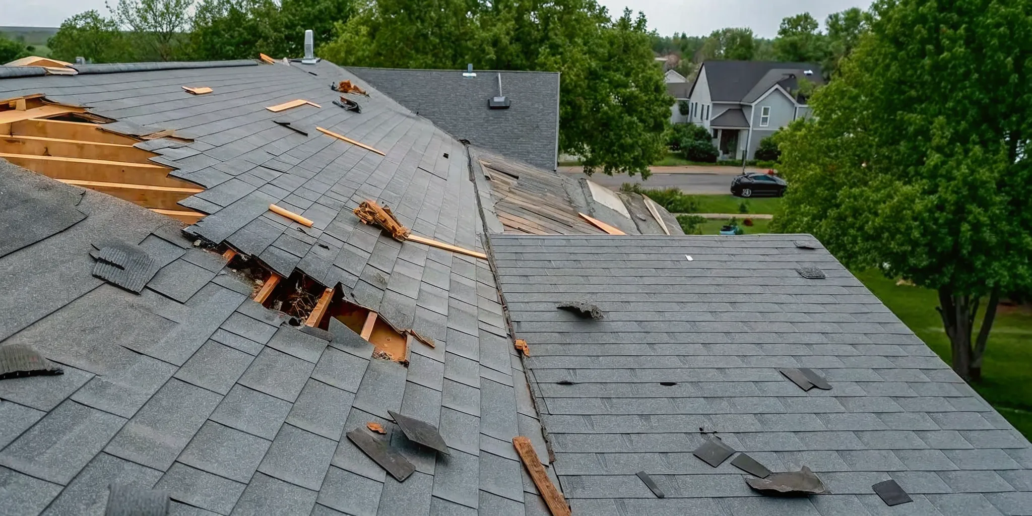 Severe wind storm damage to asphalt shingles on a home roof in Rogers Minnesota