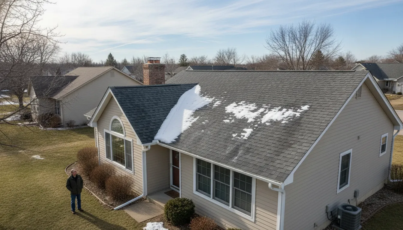Residential roofing details on a Minnesota home, including roof valleys and gutters